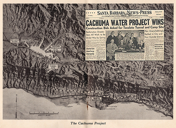Antique newspaper clipping from the Santa Barbara News-Press, "Cachuma Water Project Wins"