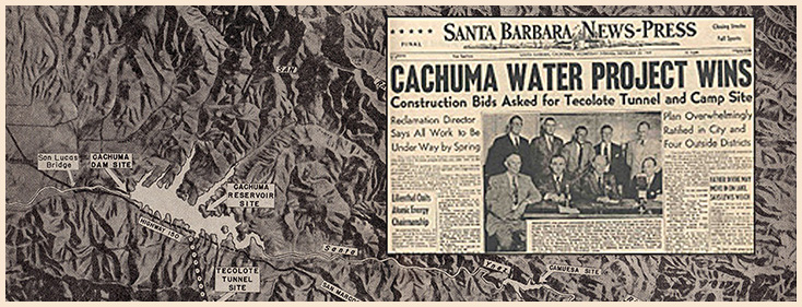 Antique news article clipping from Santa Barbara News-Press, "Cachuma Water Project Wins"