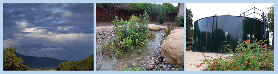 Photos of storm clouds, stream and a water tank.