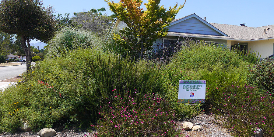 A home with native foilage and a sign posted that reads Smart Landscape Rebate Program Participant