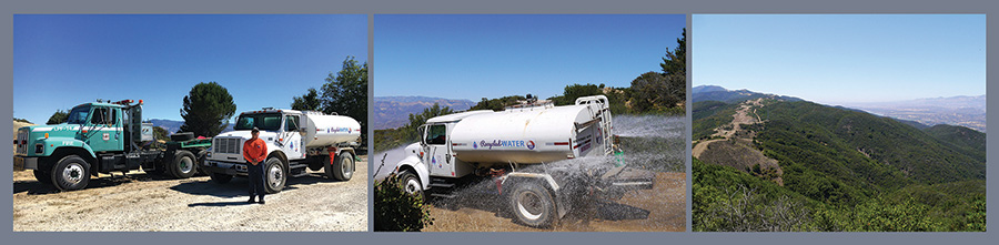 Sherpa Fire photos of a large water truck spraing dry foilage.