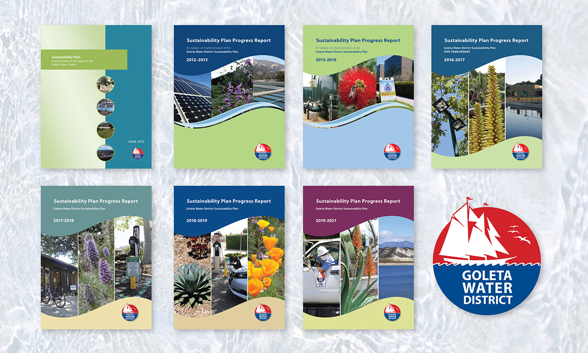 Collage of multiple report covers for Sustainability Plan Progress Reports