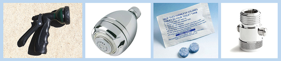 from left: Garden hose sprayer with handle, Shower head, Two leak detection tablets